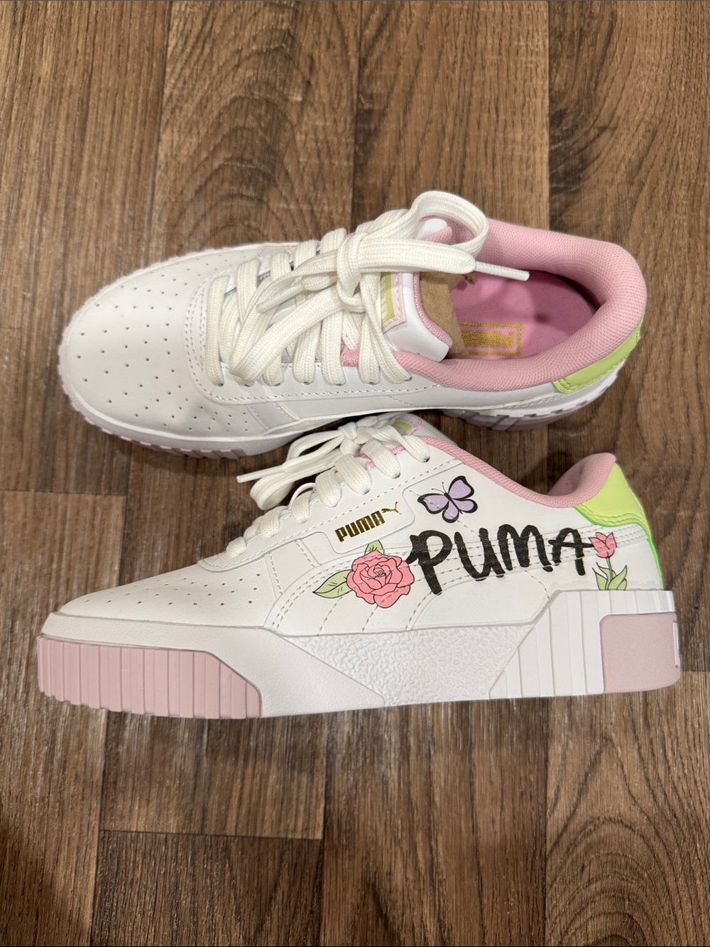 NEW Puma Cali Bouquet Size 4 White Kids Sneakers with Pink & Lime Floral Accents